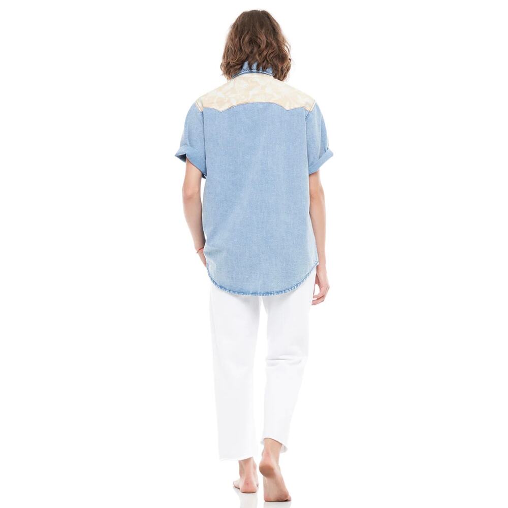 NEW Free People Sandrine Rose Short Sleeve Denim Western Shirt Womens XS - Picture 3 of 9